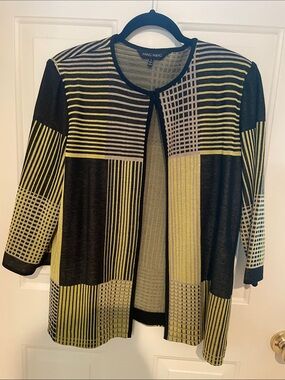 Ming Wang Black and Yellow Geometric Open-Front Knit Cardigan